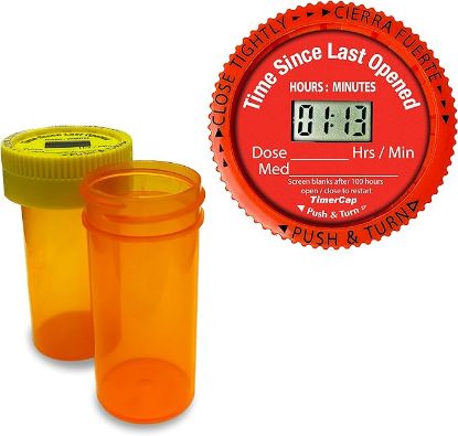 Picture of TimerCap Automatically Displays Time Since Last Opened - Built-in Stopwatch Smart Pill Bottle Cap Medication Reminder Case (Qty 2-1.8 oz Amber Bottles) CRC