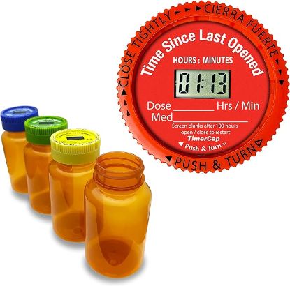 Picture of TimerCap Automatically Displays Time Since Last Opened - Built-in Stopwatch Smart Pill Bottle Cap Medication Reminder Case (Qty 4-4.0 oz Amber Bottles) CRC