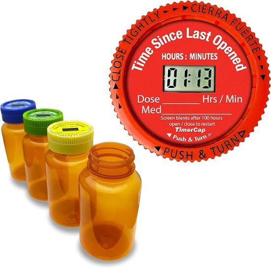 Picture of TimerCap Automatically Displays Time Since Last Opened - Built-in Stopwatch Smart Pill Bottle Cap Medication Reminder Case (Qty 4-4.0 oz Amber Bottles) CRC